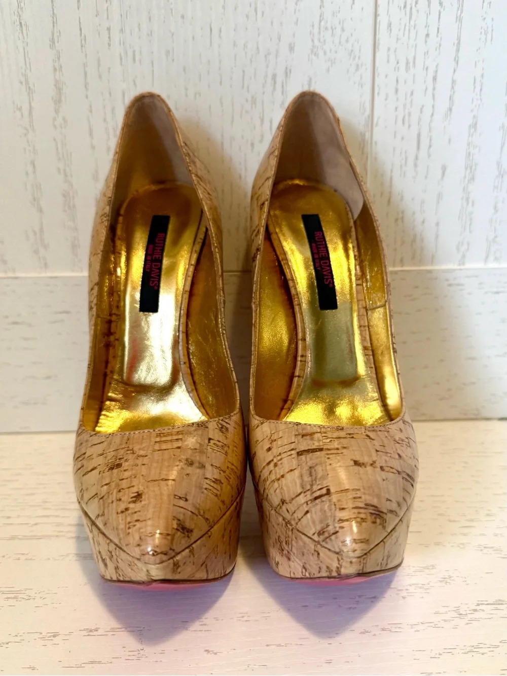 Ruthie Davis Cork-Print Nude Platform Pumps with Gold Lining size 37